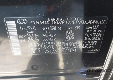 2023 Hyundai Santa Fe Hybrid Sel Premium z USA, uszkodzony, nr VIN 5NMS3DA10PH024131